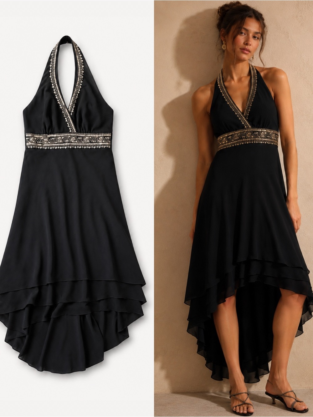 Vintage Y2K Black Halter Hi Low Dress M Gold Embroidery Sequin Boho Fairy Grunge